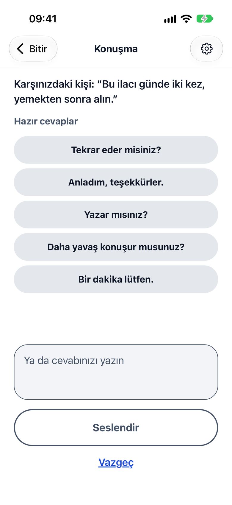 Hazır cevapların listelendiği cevap ekranı